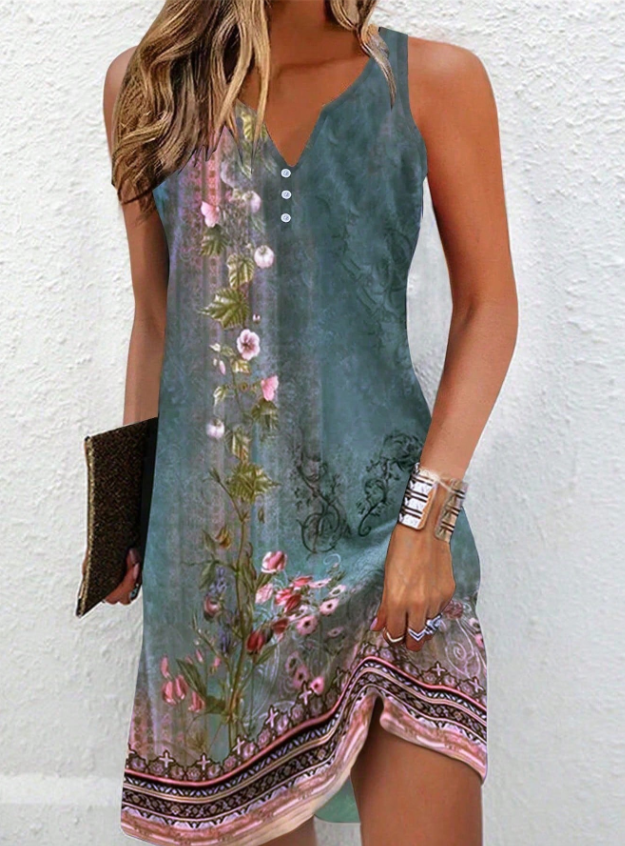 Women's Summer Dress with Floral Pattern and V-Neck