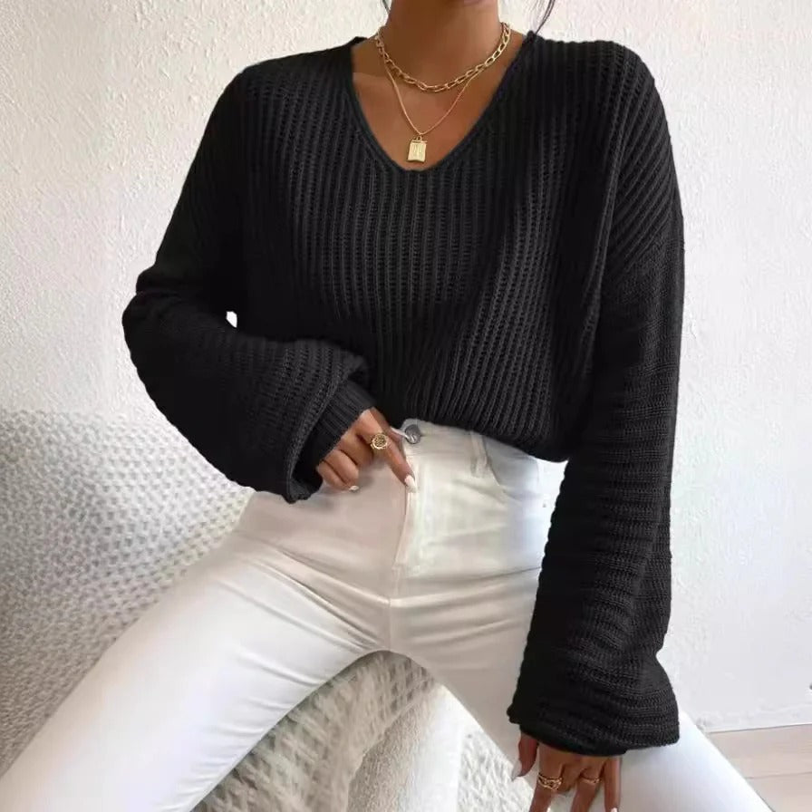 Elegant Women's Clothing | Comfortable Rib-Knit V-Neck Long-Sleeve Blouse