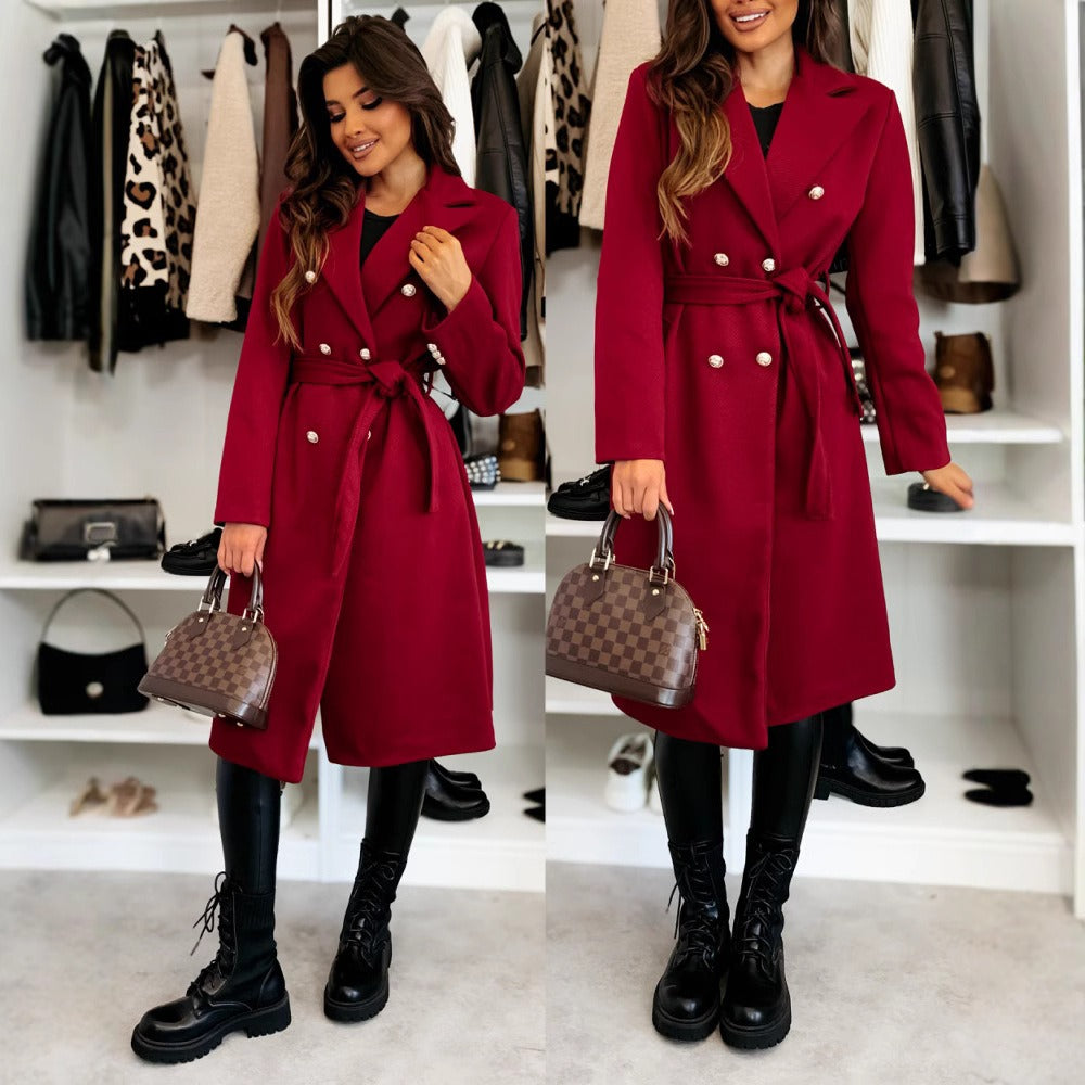 Women's Double-Breasted Belted Tailored Wool Coat