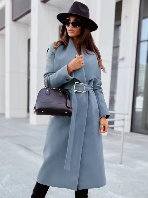 Elegant Women's Long Coat with Belt and Buttons