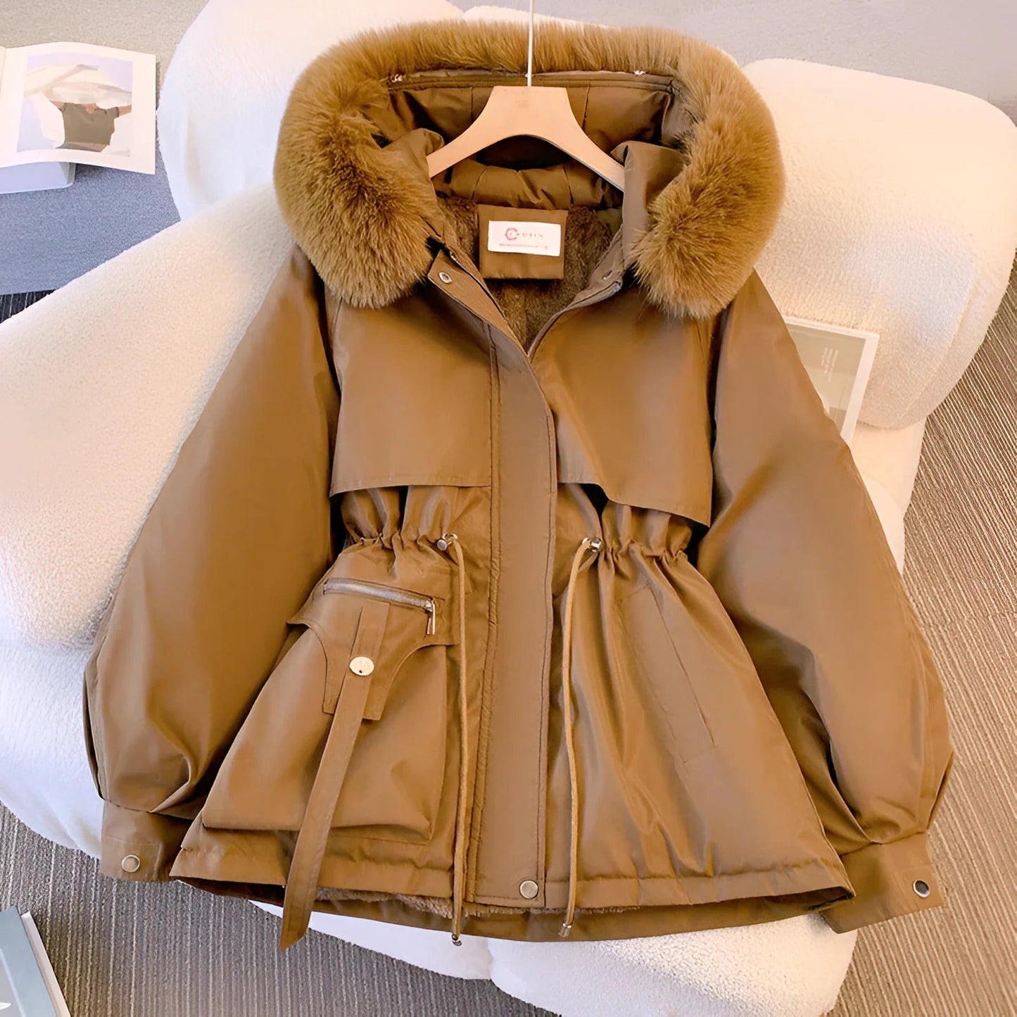 Women's Mid-Length Coat with Tailored Fit and Faux Fur Hood