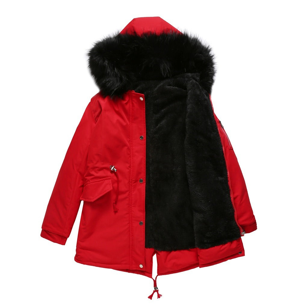 Casual Fleece-Lined Winter Parka with Faux Fur Hood