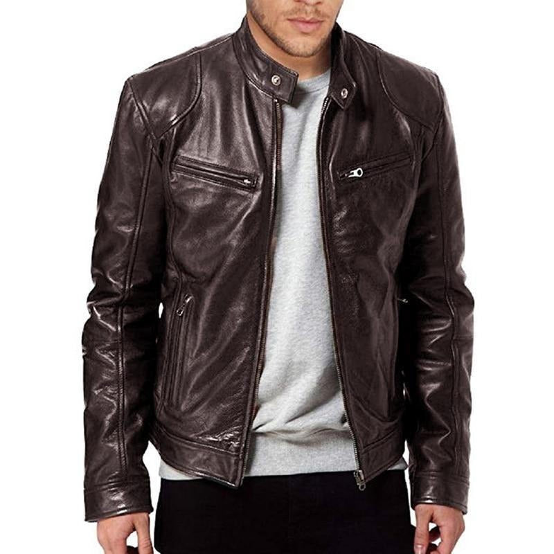 Biker Leather Jacket Slim Fit Zipper Pockets
