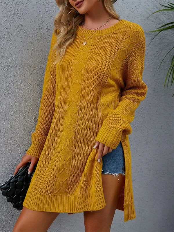 Lockere Wollpullover Damen Zopfmuster Mittellang - IdealeKleiden