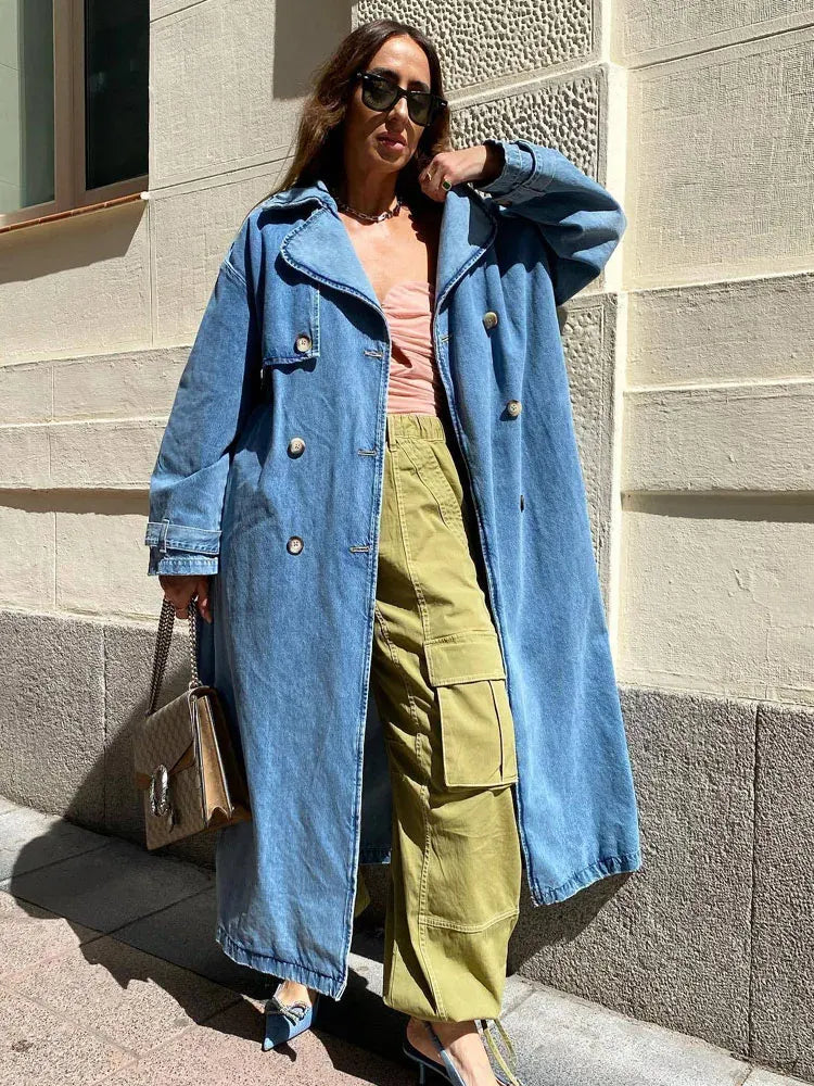 Extralanger Denim-Trenchcoat Übergröße mit Gürtel - IdealeKleiden