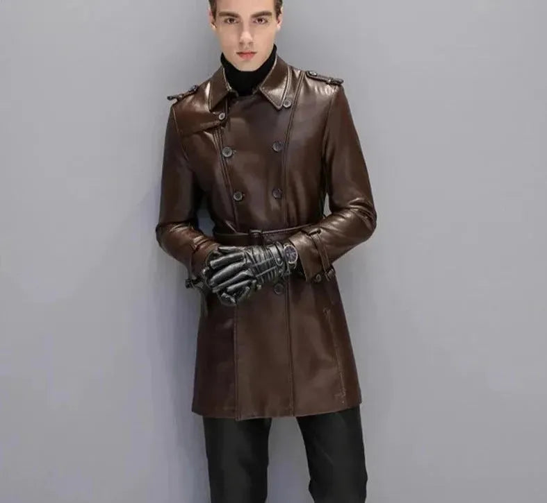 Men's Leather Trench Coat Elegant Black