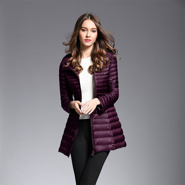 Long Down Jacket Hood Warm Insulated
