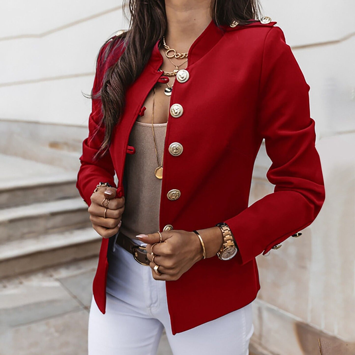 Fashionable Military Jacket for Women, Button-Front