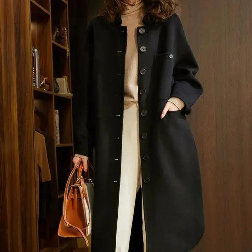 Elegant Women's Long Lapel Collar Wool Blend Dress