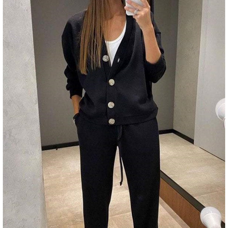 Two-piece business outfit: Cardigan with buttons and matching dress pants