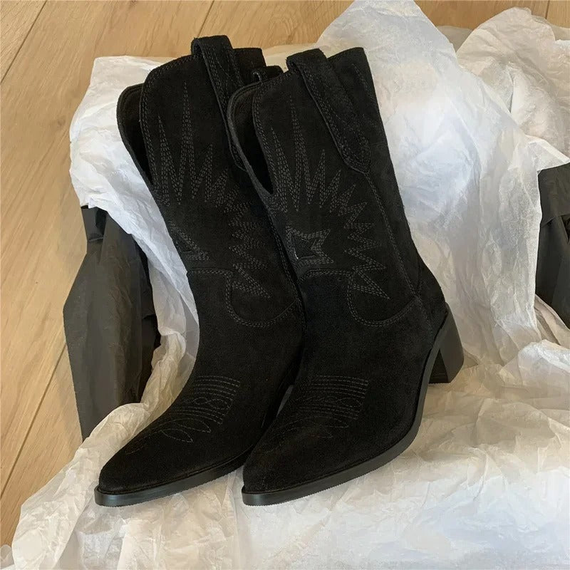 Stylish Leather Boots Embroidered Western Design