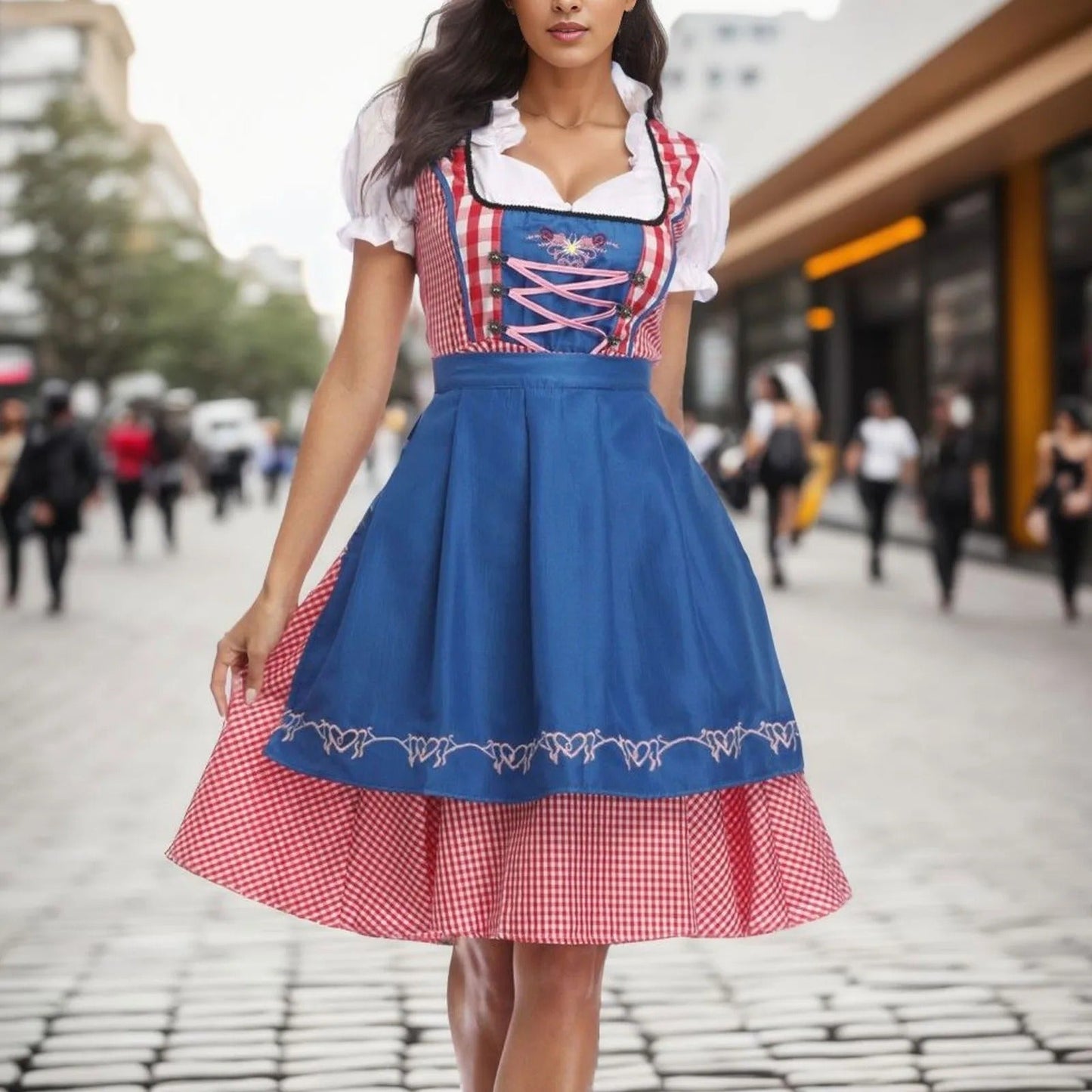 Oktoberfest Dirndl Plaid Floral Short Sleeve