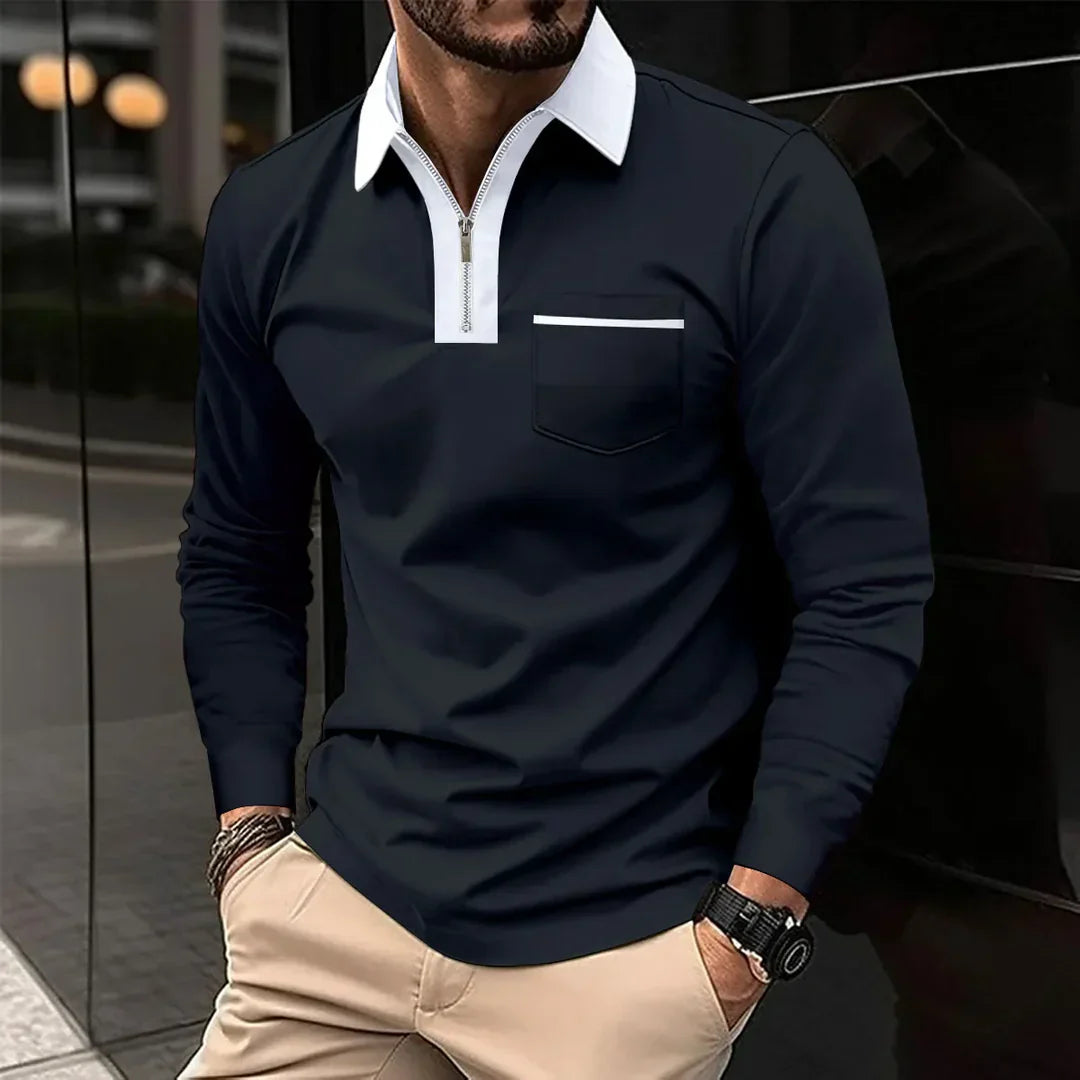 Men's Long Sleeve Polo Shirt Contrast Collar Zipper