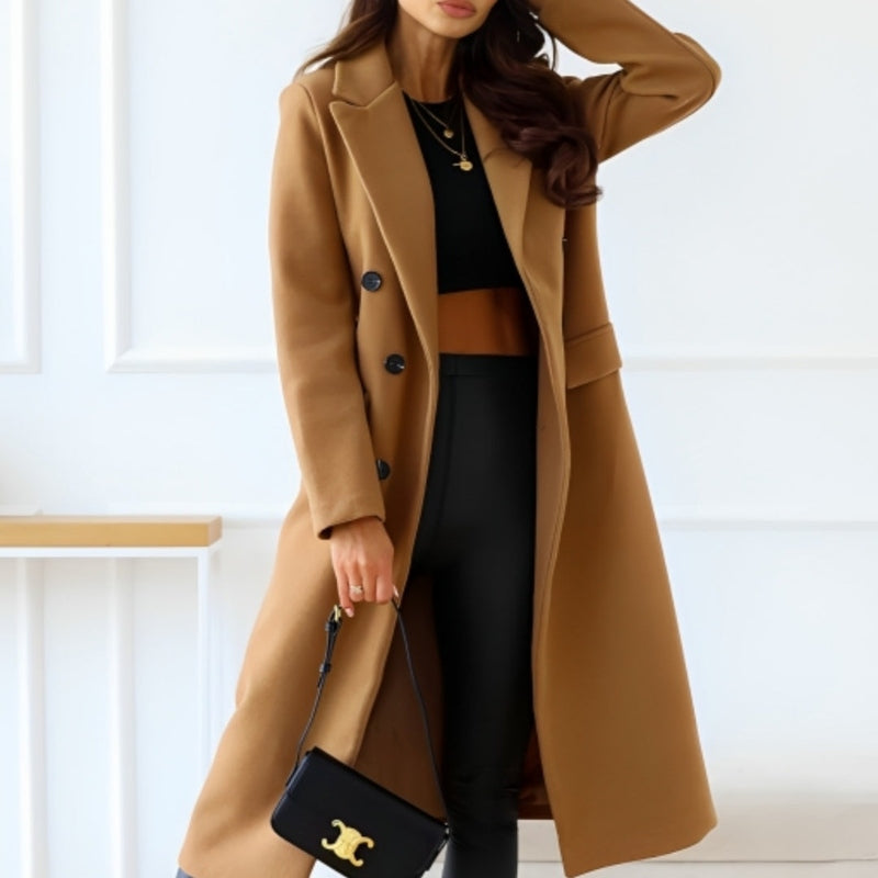 Elegant Women's Clothing - Long Wool Blend with Buttons and Flap Pockets