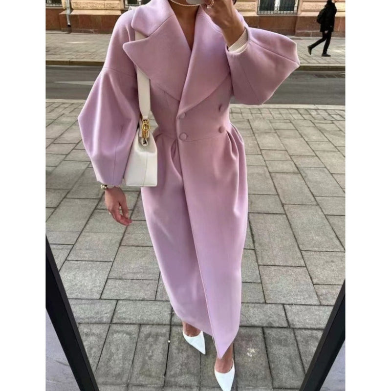 Elegant Women's Long Wool Blend Double-Breasted Dress