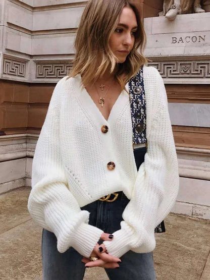 Women's Cardigan with Openwork Pattern and Puff Sleeves