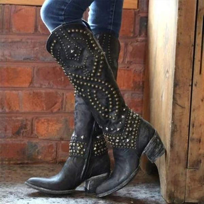 Stylish Women's High Metallic Stud Block Heel Boots