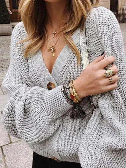 Women's Cardigan with Openwork Pattern and Puff Sleeves