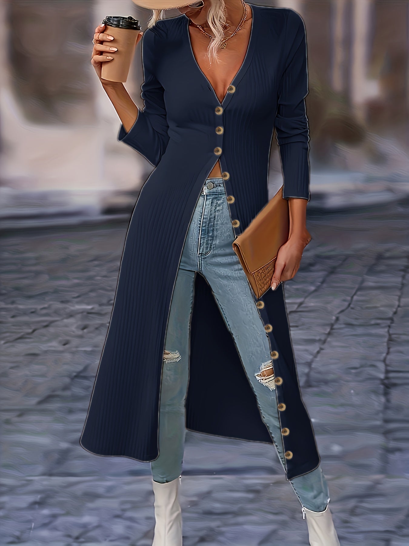 Women's Long Cardigan V-Neck Buttons Knee-Length