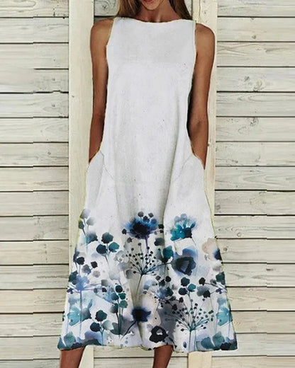 Sommerkleid Damen Blumenmuster Rundhals Midi Kleid - IdealeKleiden