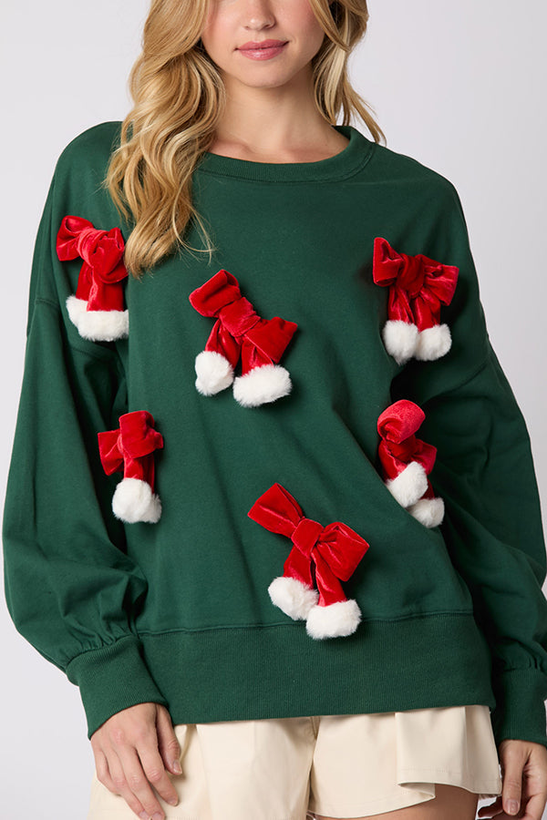 Christmas Sweatshirt with Bow Elegant Long Sleeve