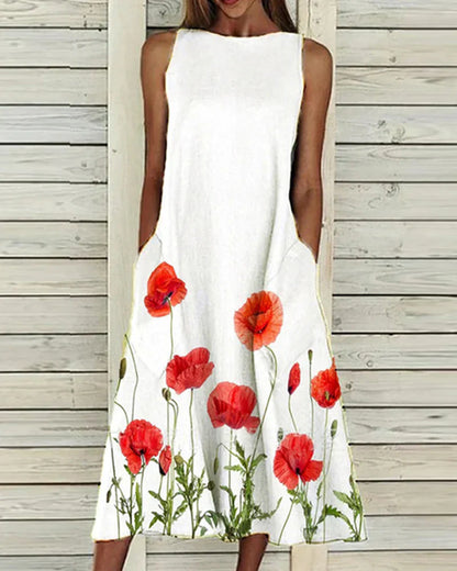 Women's Summer Dress Floral Print Round Neck Midi Dress