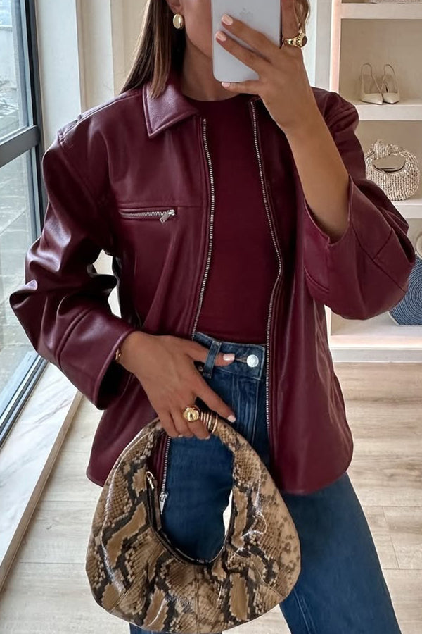 Elegant Leather Jacket Long Sleeve Zipper