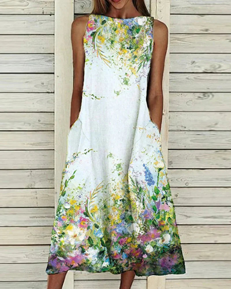 Women's Summer Dress Floral Print Round Neck Midi Dress