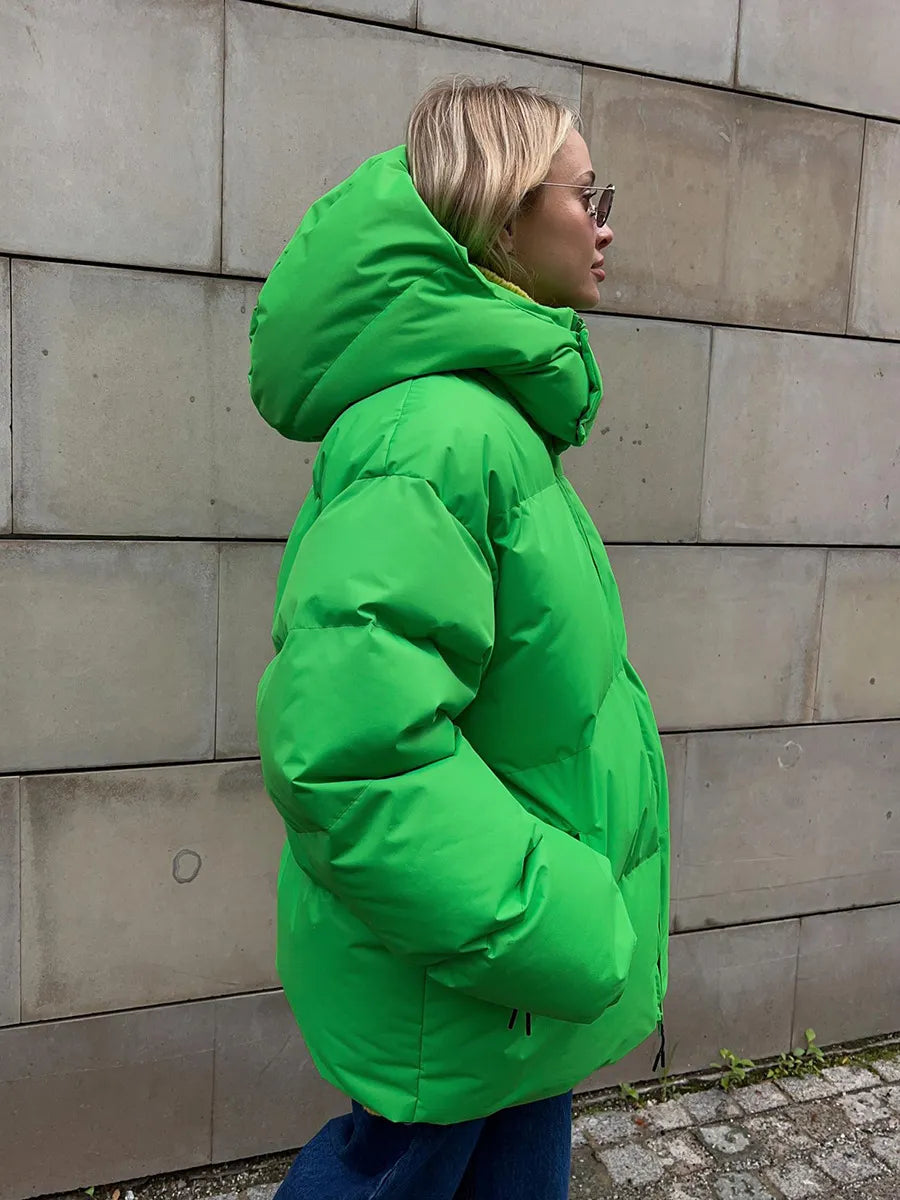 Neon Grüne Winterjacke Kapuzen-Puffer - IdealeKleiden