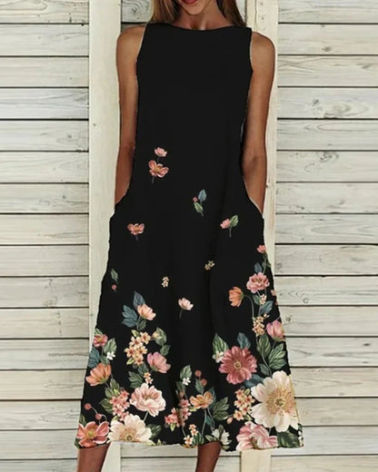 Women's Summer Dress Floral Print Round Neck Midi Dress