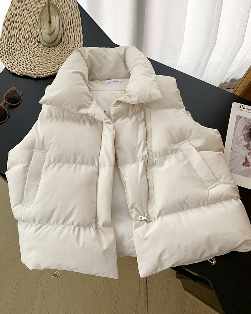 Elegant Quilted Sleeveless Jacket Black Zipper