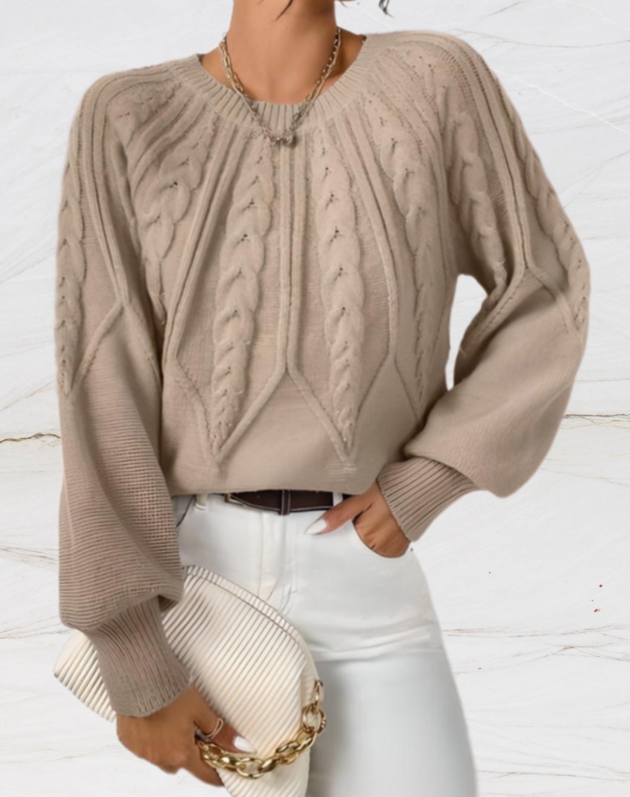 Elegant Knit Sweater Beige Arrow Pattern