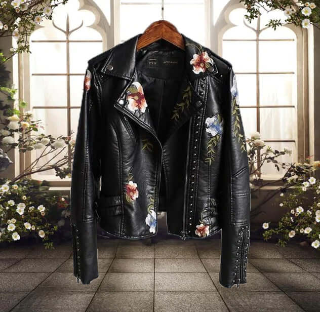 Stylish Women's Leather Jacket Floral Pattern