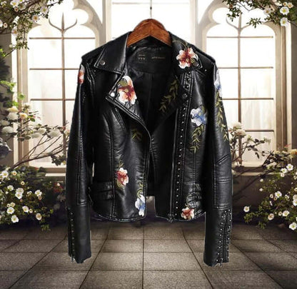 Stylish Women's Leather Jacket Floral Pattern