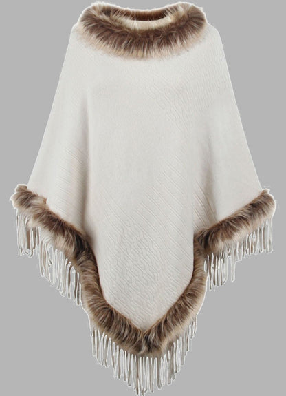 Elegant Women's Long Poncho Coat with Faux Fur