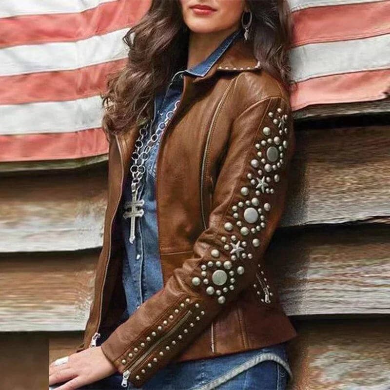 Lederjacke Biker Stil Nieten Design Reißverschluss - IdealeKleiden