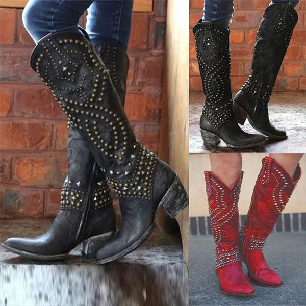 Stilvolle Stiefel Damen Hoch Metall Nieten Blockabsatz - IdealeKleiden