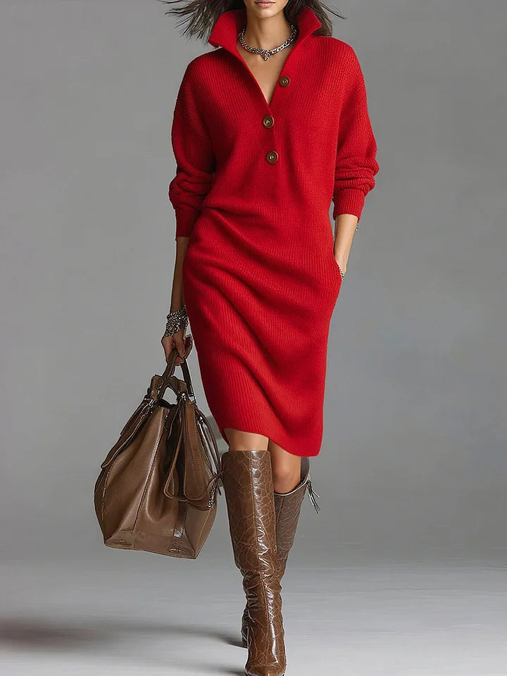 Women's Midi Dress Elegant Button-Down V-Neck