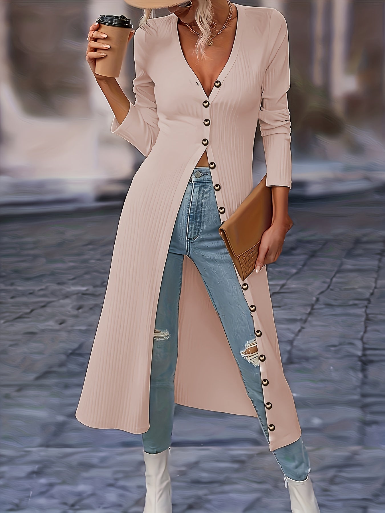 Women's Long Cardigan V-Neck Buttons Knee-Length