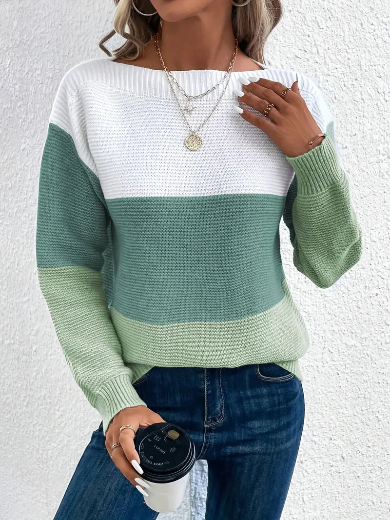 Farbblock Pullover Rundhals Damen - IdealeKleiden