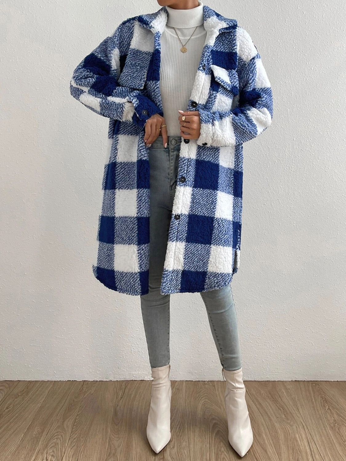 Checked Women's Jacket Plush Collar Button Closure