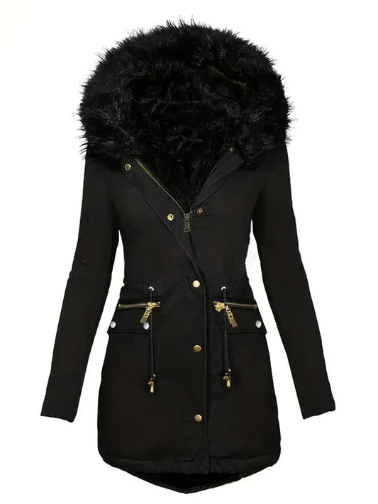 Winter-Parka Mantel mit Kunstfell-Kapuze und Kordelzug - IdealeKleiden