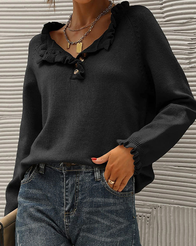 Stylish Solid Color Sweater with Ruffle Detail