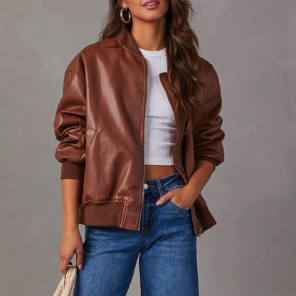 Women's Leather Bomber Jacket with Zipper