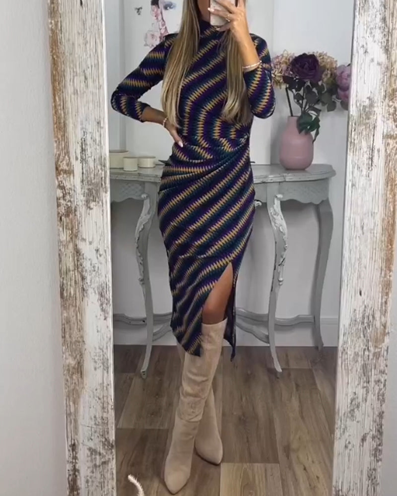 Modern Women's Striped Stand-Up Collar Dress