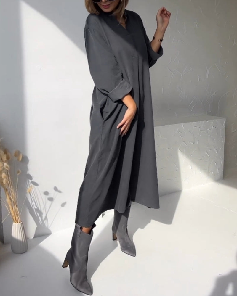 Stylisches V-Ausschnitt Kleid mit Tasche - IdealeKleiden