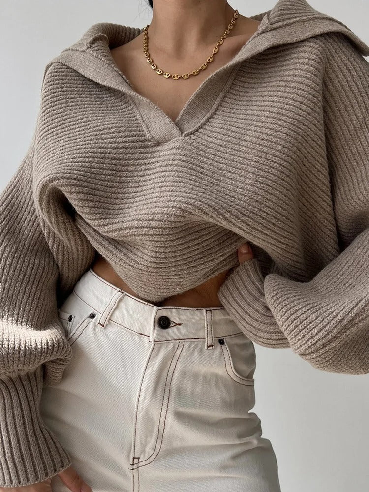 Cozy Knitted Sweater Bib Sleeves Open Collar