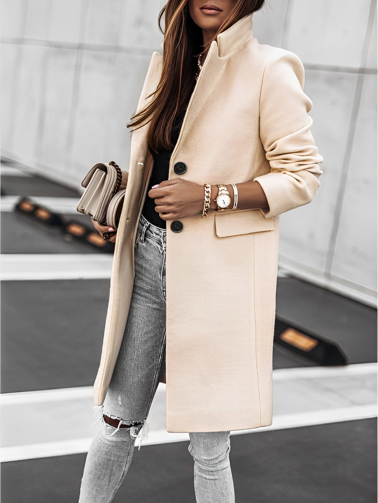 Elegant Women's Long Classic Coat with Buttons