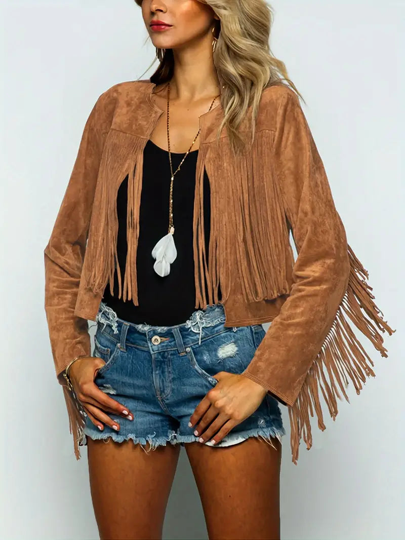 Women's Open Fringe Faux Suede Leather Jacket