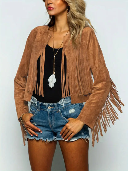 Women's Open Fringe Faux Suede Leather Jacket